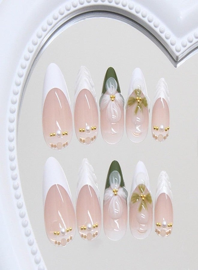 CTTHNBD White French Tip Press on Nails White Medium Almond Fake Nails Green Flower False Nails with 3D Ripple Design Glue on Nails Pearl Full Cover Stick on Nails Ombre Acrylic Nails for Women Manicure 24Pcs - Image 3